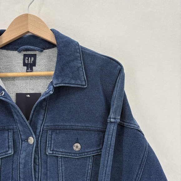 Gap Jacket Womens Small Blue Indigo Cropped Denim Knit Collared Button Front NWT - Picture 2 of 13